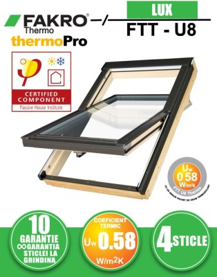 Fereastra mansarda pentru Case Pasive FAKRO FTT U8 Thermo PASSIVE, lemn de pin, 4 sticle foto