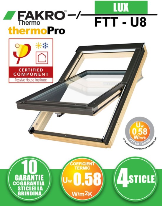 Fereastra mansarda pentru Case Pasive FAKRO FTT U8 Thermo PASSIVE, lemn de pin, 4 sticle