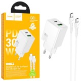 Incarcator Retea Hoco N71 + Cablu USB-C 1m, PD30W + QC3.0, 5V 3A, Fast Charge, 1xUSB-C + 1xUSB, Alb