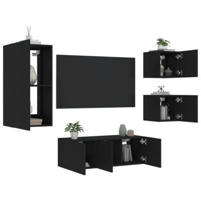 vidaXL Unități de perete TV cu LED-uri, 5 piese, negru, lemn prelucrat foto