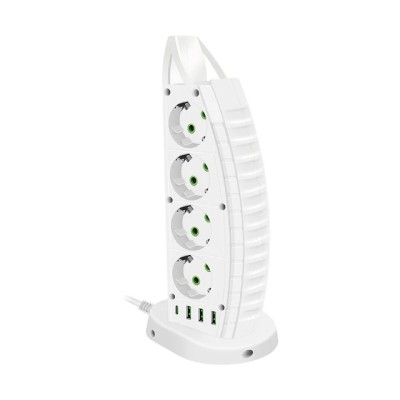 Prelungitor tip turn ELMHURST, 4 x USB porturi, 8 prize curent alternativ, 2500 W, protectie la supratensiune, intrerupator, alb foto