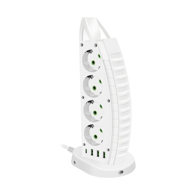 Prelungitor tip turn ELMHURST, 4 x USB porturi, 8 prize curent alternativ, 2500 W, protectie la supratensiune, intrerupator, alb