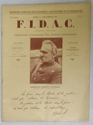 FIDAC BULLETIN MENSUEL DE FEDERATION INTERALIEE DES ANCIENS COMBATTANTS , PE COPERTA MARESALUL JOSEPH PILSUDSKI , NO. 9 , 1926 foto