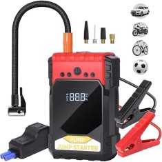 Starter auto 4 in 1, Power Bank, booster baterie auto, compresor de aer, Power Bank cu afisaj digital, lumina de urgenta, negru/rosu