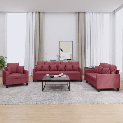 vidaXL Set canapea cu perne, 3 piese, roșu vin, material textil 3201638 foto