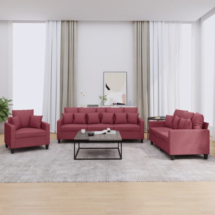 vidaXL Set canapea cu perne, 3 piese, roșu vin, material textil 3201638