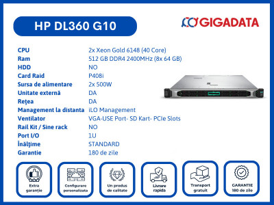 HP DL360 G10 2x Gold 6148 512GB P408i 2x PS Server 6 Luni Garantie foto