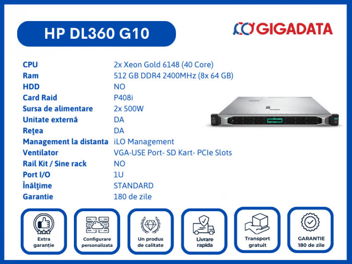 HP DL360 G10 2x Gold 6148 512GB P408i 2x PS Server 6 Luni Garantie