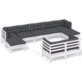 Set mobilier gradina cu perne, 9 piese, alb, lemn masiv pin