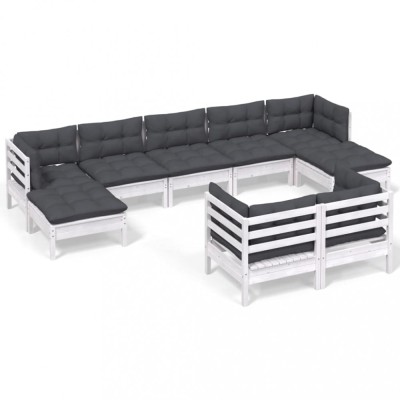 Set mobilier gradina cu perne, 9 piese, alb, lemn masiv pin foto