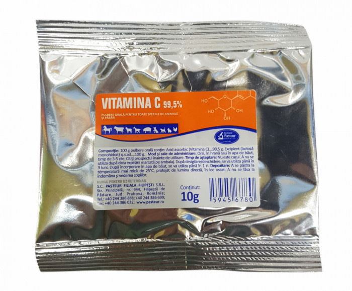 Vitamina C 99.5% 10g pentru caini, pisici, cabaline, suine, ovine, caprine, bovine si pasari, Pasteur