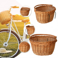Cos de bicicleta, ratan, tije metalice pentru atasare, montare ghidon, toarta, maro natur foto