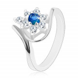 Inel strălucitor de culoare argintie, zirconiu albastru &icirc;nchis, petale transparente - Marime inel: 54