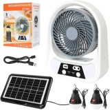 Ventilator de masa, cu incarcare solara, 8 inch, cu 2 becuri incluse, functie de powerbank, din ABS, cu USB, alb/gri