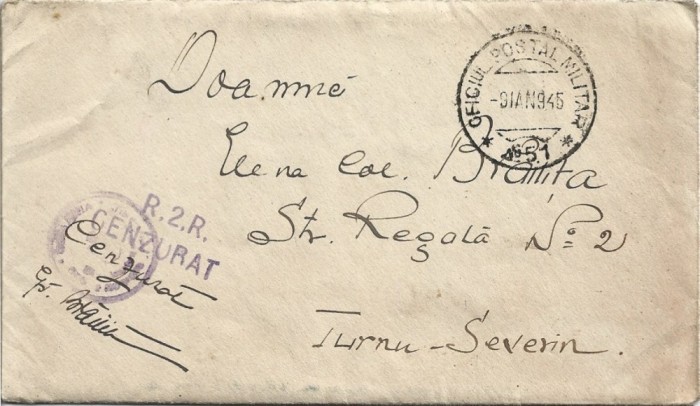 A4044N Regimentul 2 Roșiori, Oficiul Poștal Militar 51, 1945, scrisoare a unui ofițer, cu ștampila cenzurii regimentului, a regimentului și a OPM