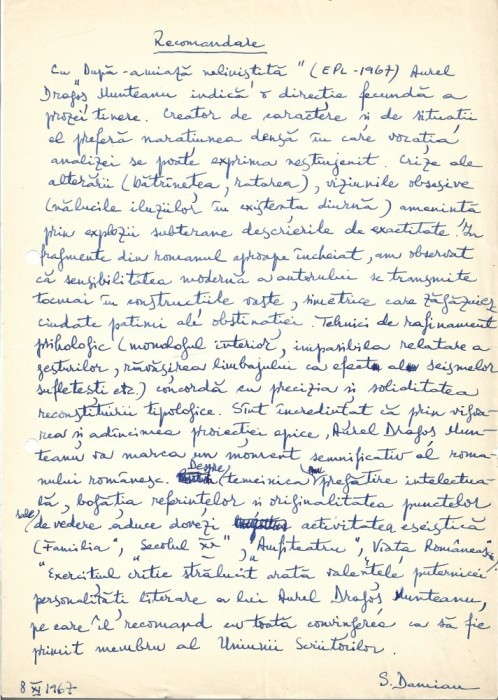 A3264N Document scris și semnat olograf de Sami Damian referitor la Aurel Dragoș Munteanu, 1967