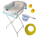 Cadita pliabila bebelusi albastra, suport metalic KidsCare, termometru, perna reductor, jucarii, protectie cap, cana pliabila