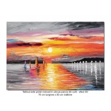 Tablou pictat manual, Magia marii, apus de soare cu veliere, 70x50cm ulei pe panza in cutit efect 3D, Spectaculos
