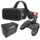 Set ochelari VR 3D cu casti si gamepad, lentile reglabile acril, sunet imersiv 9D, compatibil Android iOS, telefoane 4.7-6.6 inci, pentru jocuri 3D si