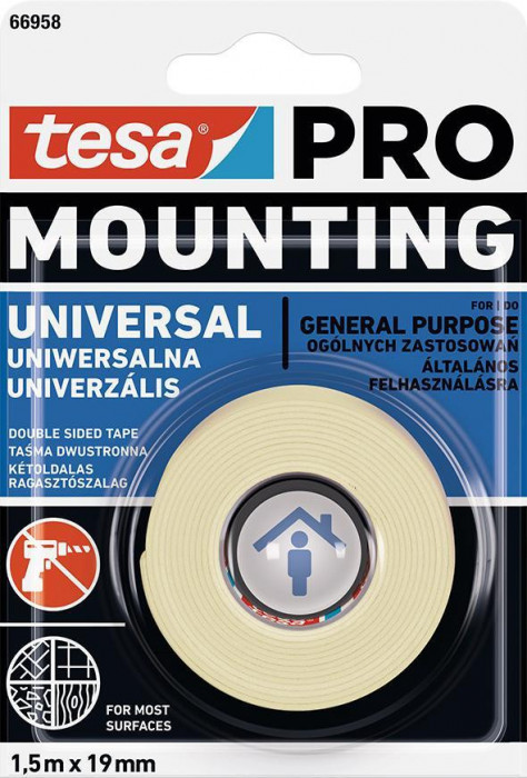 Tesa Mounting PRO Universal, bandă de montaj, adezivă, dublă față, 19 mm, L-1,5 m