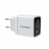 Choetech PD6052 USB-C USB-A PD 35W GaN &icirc;ncărcător de rețea cu afișaj - alb