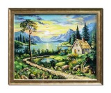 Cumpara ieftin Tablou peisaj apus de soare pictat manual inramat, Colt de rai, 55x45cm ulei pe panza, rama din lemn, Stefan Bilibou