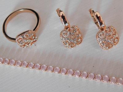 Set nou cercei si inel placati cu aur roz, bratara placata cu aur roz 24 k , foto