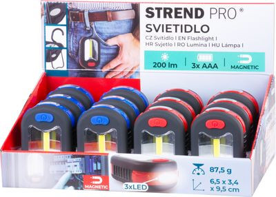 Lanternă Strend Pro Worklight, pandantiv, LED 200 lm, magnet, cu clip, roșu/albastru, 3x AAA, Sellbox 12 buc. foto