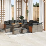 Set de 14 piese de sofa de grădină vidaXL cu perne Gri Poliratan Acacia, Sofa de grădină vidaXL cu 2 locuri cu perne Gri Poliratan, Set de 4 piese de
