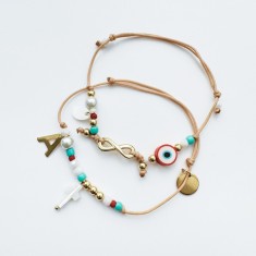 Set bratari din otel auriu cu semnul infinitului, evil eye, cruce si initiala personalizabila