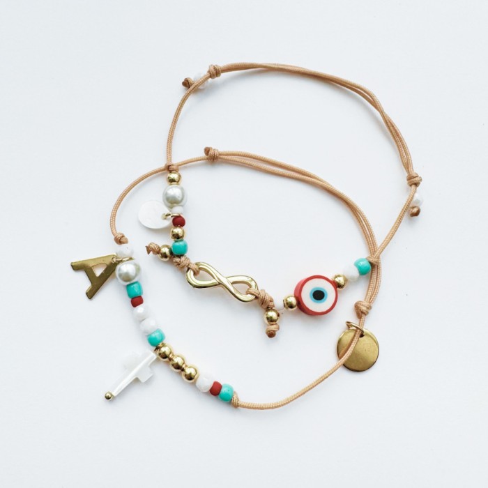 Set bratari din otel auriu cu semnul infinitului, evil eye, cruce si initiala personalizabila