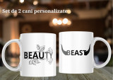 Set de 2 căni &rdquo;Beauty &amp; Beast&rdquo; personalizate Termosensibila-alb-sclipici-interior