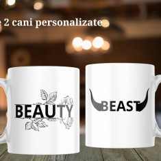 Set de 2 căni ”Beauty & Beast” personalizate Albastru interior