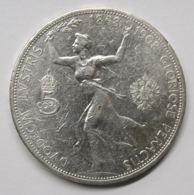 5 CORONA 1908 . ARGINT . 900/1000 . 23.9 GRAME / 36 MM . foto