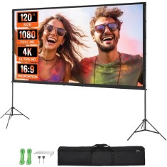 Ecran Proiectie cu Trepied 120 inch, 4K Ultra HD, 16:9, Unghi 160&deg;, Portabil, Home Cinema, Prezentari, Interior/Exterior, Geanta, Negru