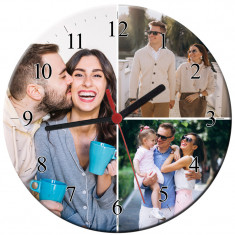 Ceas personalizat din sticla, model cu 3 poze, diametru 20 cm foto