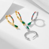 Cumpara ieftin Cercei din Argint 925 Placati cu Aur Tip Huggie cu Zirconii Multicolore si Pandantiv Picatura Verde