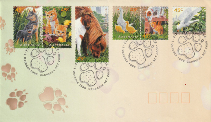 Australia 1996 ,FDC , Fauna , Animale de companie,pisica,caine,calut,papagal