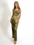 Compleu din doua piese maieu baby doll si pantalon lung drept din Satin verde olive