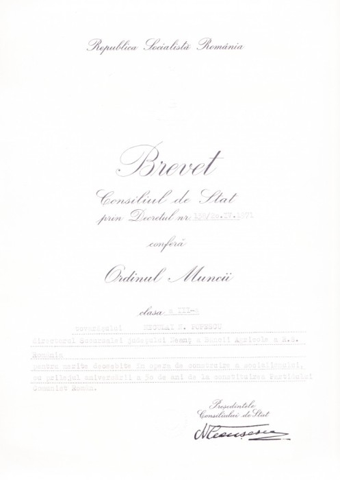 AMS# - BREVET ORDINUL MUNCII CL. III, 1971