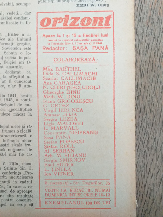 AVANGARDA, Ziarul &quot;Orizont&quot;, 1945, Director Sasa Pana, nr 14-15