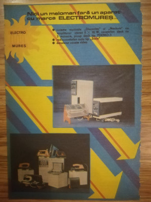 1989 Reclamă ELECTROMURES comunism derulator casete video, radiocasetofo 24x15,5 foto
