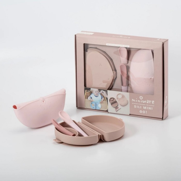 Set diversificare hrana bebelusi Miniware Sili Mini GO, 100% din materiale naturale biodegradabile, 3 piese, Pink Antioxidant