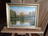Tablou peisaj la cu stuf, Peisaje, Ulei, Realism