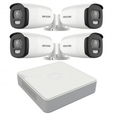 Sistem supraveghere video Hikvision 4 camere exterior ColorVu 5MP, lumina alba 40m, DVR 4 canale Hikvision