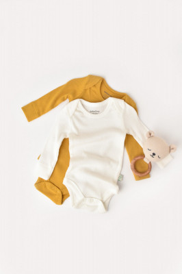 Set 2 body-uri cu maneca lunga bebe unisex din bumbac organic si modal - Mustar/Ecru, BabyCosy (Marime: 0-3 Luni) foto