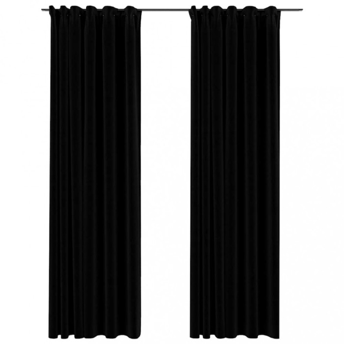 Perdele opace aspect panza, carlige, 2 buc., negru, 140x245 cm