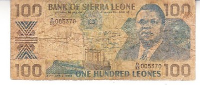 B11 4 - Bancnota foarte veche - Sierra Leone - 100 leones - 1989 foto