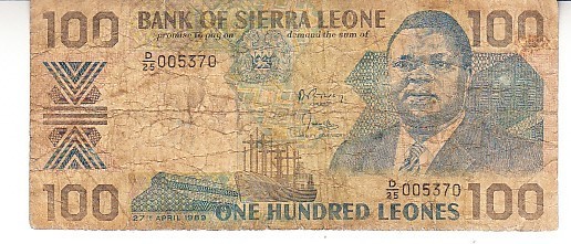 B11 4 - Bancnota foarte veche - Sierra Leone - 100 leones - 1989