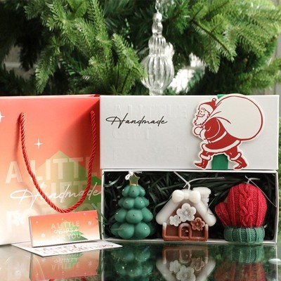 Lumanari Parfumate de Craciun, GIFT BOX din 3 Lumanari din Ceara de Soia, Model B Brad, Manusa, Casuta, 22.5 x 9.5 x 5 cm, Multicolor foto